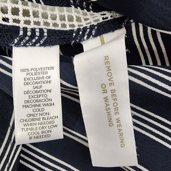 Ann Taylor LOFT Womens Top Medium Sheer White Navy Stripe Lace Trim Short Sleeve - Picture 9 of 10